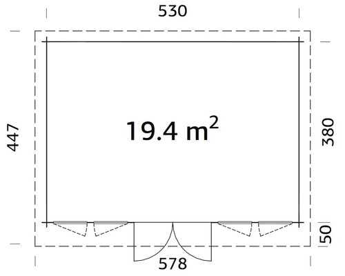 Grundrisszeichnung eines Gartenhauses mit den Maßen 530 mal 447 Zentimeter und einer Fläche von 19,4 Quadratmetern