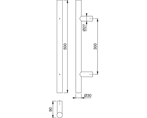 Technische Zeichnung eines Türgriffs mit Maßangaben