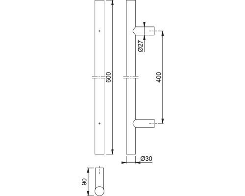 Technische Zeichnung eines Türgriffs mit Maßangaben