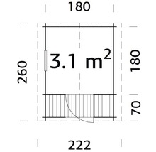 Grundrisszeichnung eines Gartenhauses mit den Maßen 222 mal 260 Zentimeter und einer Fläche von 3,1 Quadratmetern.