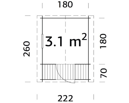 Grundrisszeichnung eines Gartenhauses mit den Maßen 222 mal 260 Zentimeter und einer Fläche von 3,1 Quadratmetern.