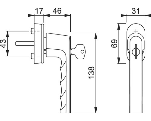 Technische Zeichnung eines Fenstergriffs mit Schloss und Maßen.