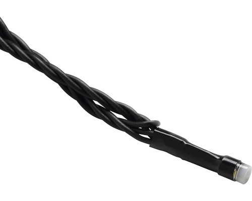 Detailaufnahme eines schwarzen Elektrokabels mit LED Lampe