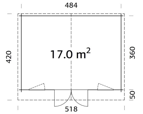 Grundrisszeichnung eines Gartenhauses mit einer Fläche von 17 Quadratmetern