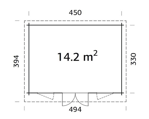 Grundriss eines Gartenhauses mit den Maßen 450 x 394 x 330 x 494 cm und einer Fläche von 14.2 m²