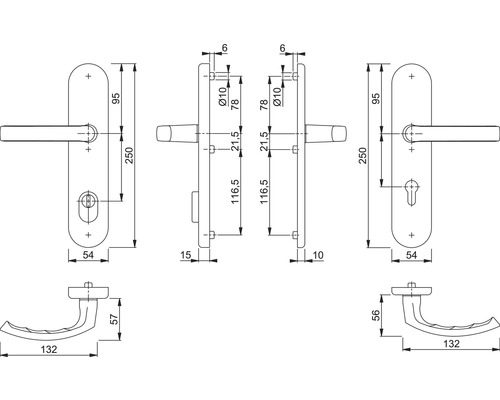 Technische Zeichnung eines Türdrückers mit Maßen