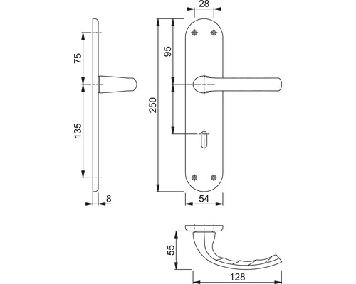 Technische Zeichnung eines Türdrückers mit Maßen.