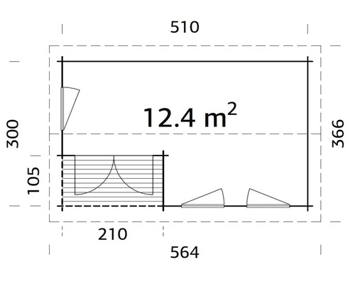 Grundrisszeichnung eines Gartenhauses mit einer Fläche von 12,4 Quadratmetern.