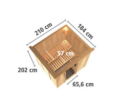 Elementsauna Karibu Sodina inkl. 9 kW Ofen u.ext.Steuerung und Dachkranz mit bronzierter Ganzglastüre