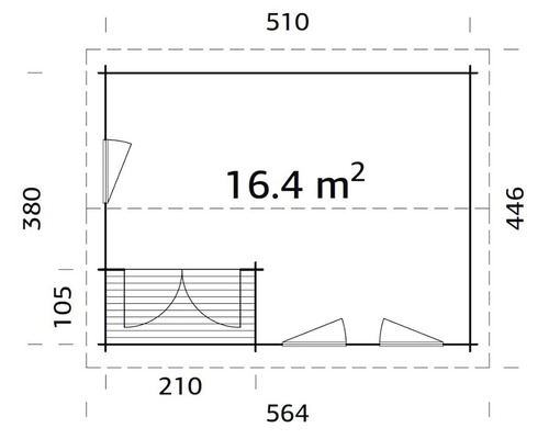 Grundrisszeichnung des Gartenhauses mit Maßangaben