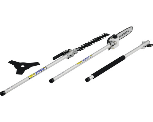 Mehrzweck Gartengerät mit Rasentrimmeraufsatz, Heckenscherenaufsatz und Hochentasteraufsatz