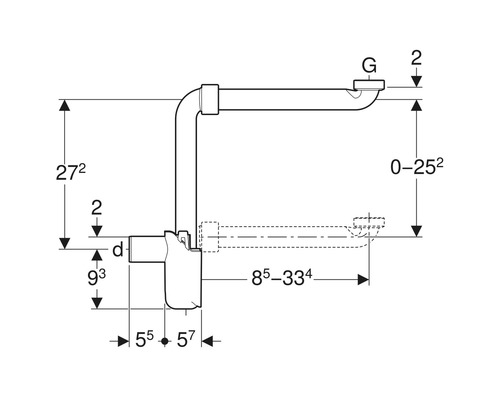 Skizze eines Siphons mit Maßangaben für den Sanitärbereich