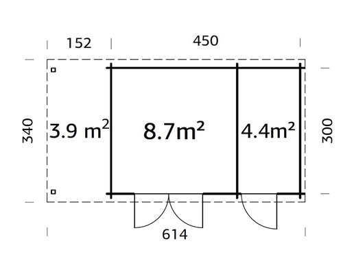 Grundriss eines Gartenhauses mit Maßangaben zu den einzelnen Raumbereichen