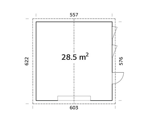 Grundriss eines Gartenhauses mit einer Fläche von 28,5 Quadratmetern
