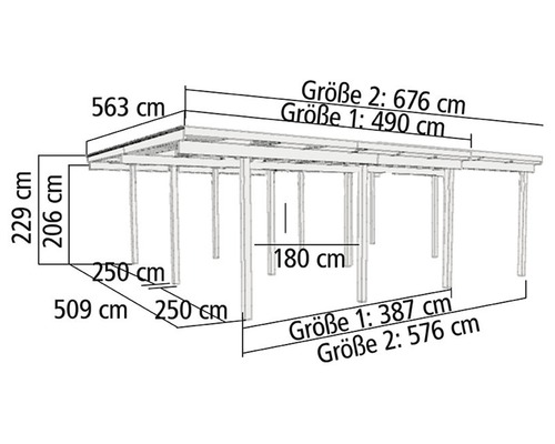 Abmessungen eines Holzpavillons mit verschiedenen Größenangaben in Zentimetern