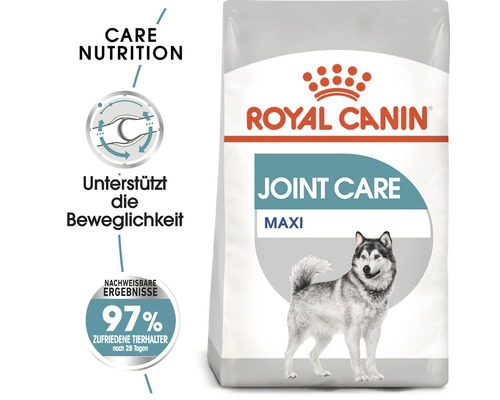 Royal Canin Logo. Verpackung Hunde Trockenfutter Joint Care Maxi zur Unterstützung der Beweglichkeit.