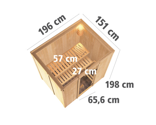 Sauna mit Bemaßung, bestehend aus Holz und mit Tür