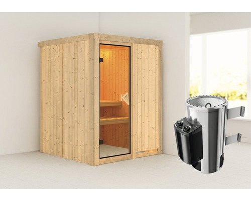 Plug & Play Sauna Karibu Sinja inkl. 3,6 kW Ofen u.integr.Steuerung ohne Dachkranz mit bronzierter Ganzglastüre