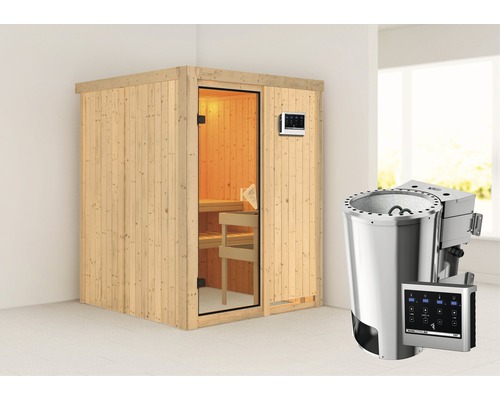Plug & Play Sauna Karibu Sinja inkl. 3,6 kW Bio Ofen u.ext.Steuerung ohne Dachkranz mit bronzierter Ganzglastüre