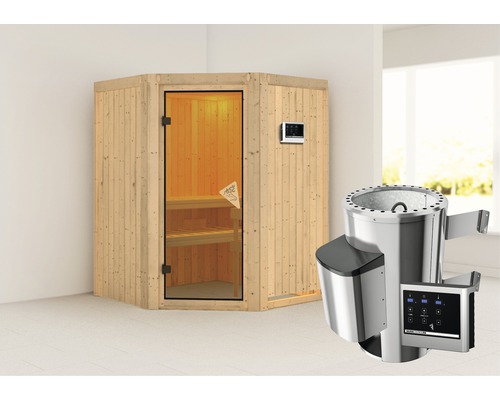 Plug & Play Sauna Karibu Kanja inkl. 3,6 kW Ofen u.ext.Steuerung ohne Dachkranz mit bronzierter Ganzglastüre