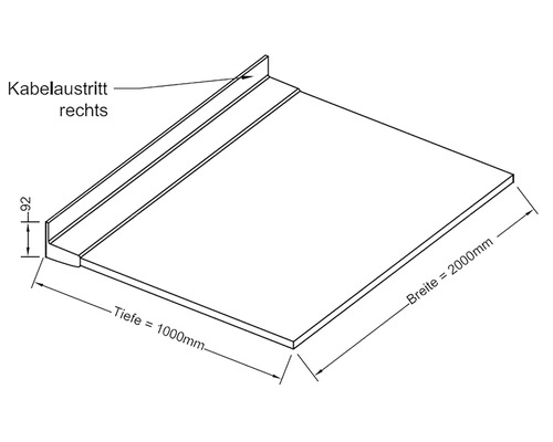 Technische Zeichnung einer Arbeitsplatte mit Kabelauslass rechts, 1000 mm tief und 2000 mm breit