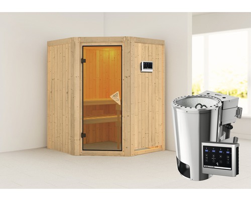 Plug & Play Sauna Karibu Kanja inkl. 3,6 kW Bio Ofen u.ext.Steuerung ohne Dachkranz mit bronzierter Ganzglastüre