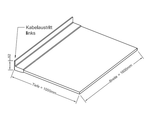 Illustration einer Tischplatte mit den Maßen 1000 mm Tiefe und 1600 mm Breite sowie Kabelauslass links