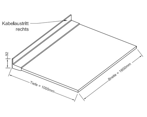 Technische Zeichnung einer Tischplatte mit Kabelauslass rechts, 1600 mm breit und 1000 mm tief
