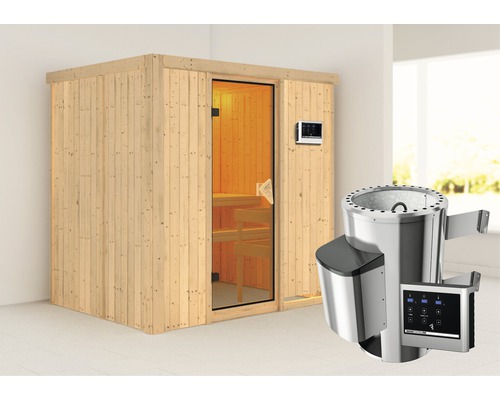 Plug & Play Sauna Karibu Wanja inkl. 3,6 kW Ofen u.ext.Steuerung ohne Dachkranz mit bronzierter Ganzglastüre