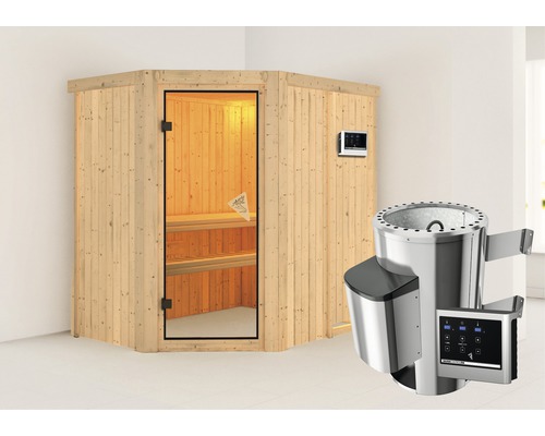 Plug & Play Sauna Karibu Laja inkl. 3,6 kW Ofen u.ext.Steuerung ohne Dachkranz mit bronzierter Ganzglastüre