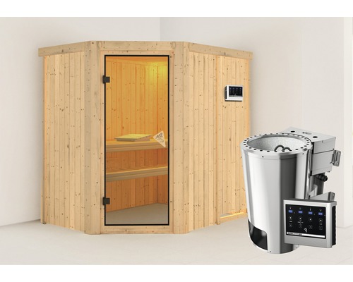 Plug & Play Sauna Karibu Laja inkl. 3,6 kW Bio Ofen u.ext.Steuerung ohne Dachkranz mit bronzierter Ganzglastüre