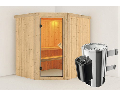 Plug & Play Sauna Karibu Silja inkl. 3,6 kW Ofen u.integr.Steuerung ohne Dachkranz mit bronzierter Ganzglastüre