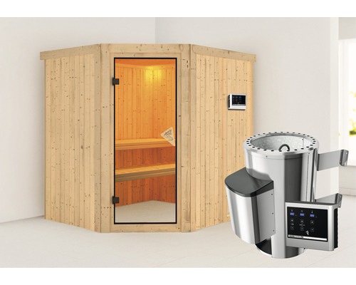 Plug & Play Sauna Karibu Silja inkl. 3,6 kW Ofen u.ext.Steuerung ohne Dachkranz mit bronzierter Ganzglastüre