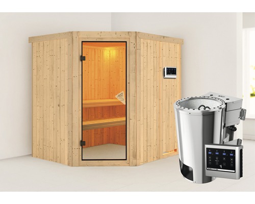 Plug & Play Sauna Karibu Silja inkl. 3,6 kW Bio Ofen u.ext.Steuerung ohne Dachkranz mit bronzierter Ganzglastüre