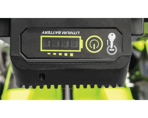 Lithiumbatterie Anzeige mit Batterie Füllstand, Einschaltknopf und Schlüsselsymbol.