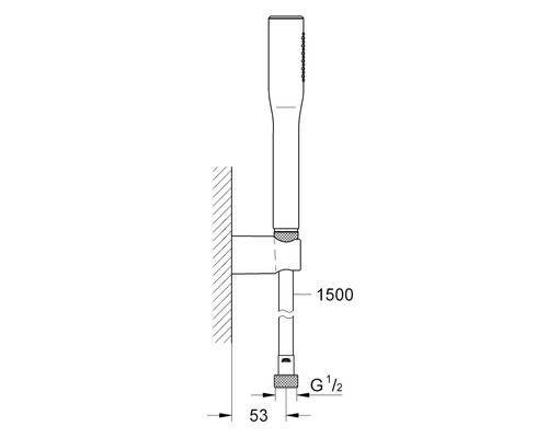 Technische Zeichnung einer Duschstange mit Maßangaben.