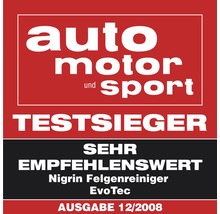 Auto Motor und Sport Test Sieger Siegel für Nigrin Felgenreiniger EvoTec Ausgabe 12/2008, sehr empfehlenswert