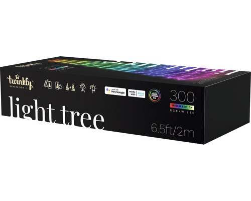 Verpackung einer Twinkly Light Tree Lichterkette mit 300 RGBW LEDs, 2 Meter Länge und Smart Home Kompatibilität