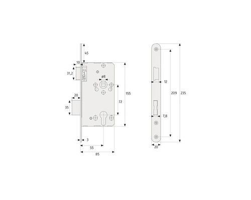 Technische Zeichnung eines Einsteckschlosses mit Maßen