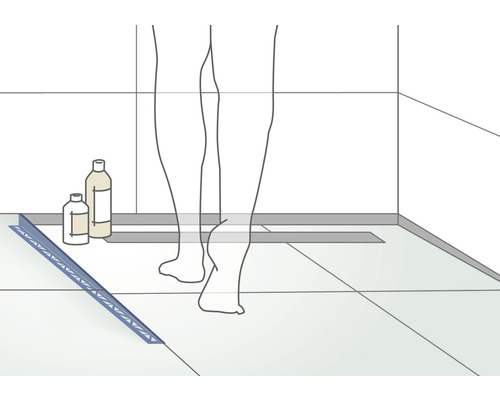 Illustration einer Dusche mit Duschrinne, Fliesen und Duschgel