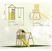 Spielplatz mit Schaukel, Rutsche und Kletterturm aus Holz mit Maßangaben