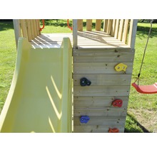 Spielturm Biene Holz mit Kletterwand, Schaukel, Sandkasten und Rutsche gelb