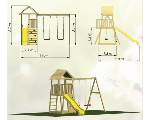 Illustration eines Spielturms mit Schaukel und Rutsche mit Maßangaben