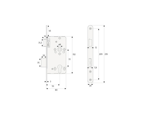Technische Zeichnung eines Einsteckschlosses mit Maßangaben