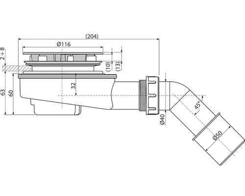 Technische Zeichnung eines Bodenablaufs mit Maßen.