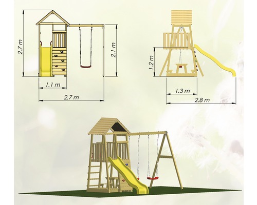 Abbildung eines Spielturms mit Schaukel und Rutsche sowie Maßangaben.