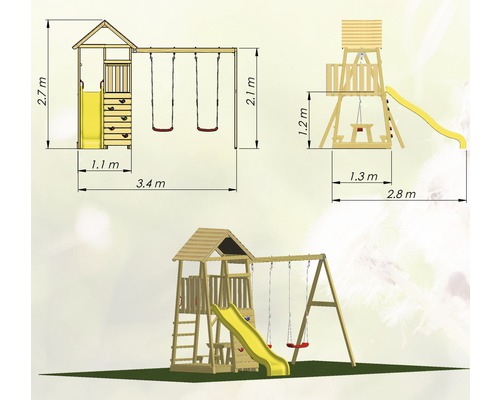 Spielplatz mit Schaukel, Rutsche und Kletterturm inklusive Maßangaben