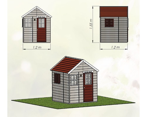 Abbildung eines Spielhauses mit den Maßen 1,2 Meter mal 1,55 Meter.