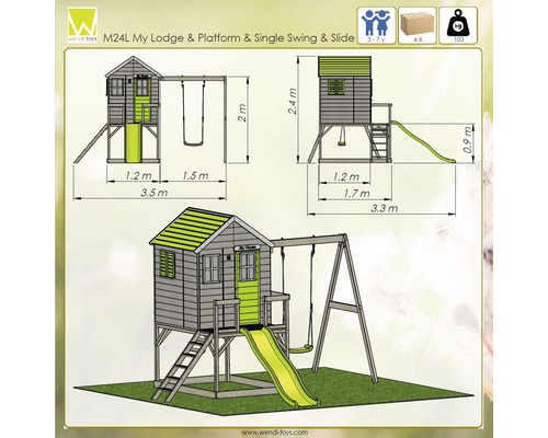Abbildung des Spielhauses mit Schaukel und Rutsche mit Maßangaben