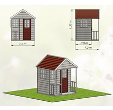 Illustration eines Spielhauses mit den Maßen 1,2 Meter mal 1,55 Meter.